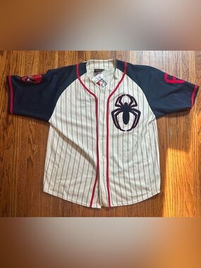 Spiderman Navy & Cream Pinstripe Baseball Jersey with Red Trim